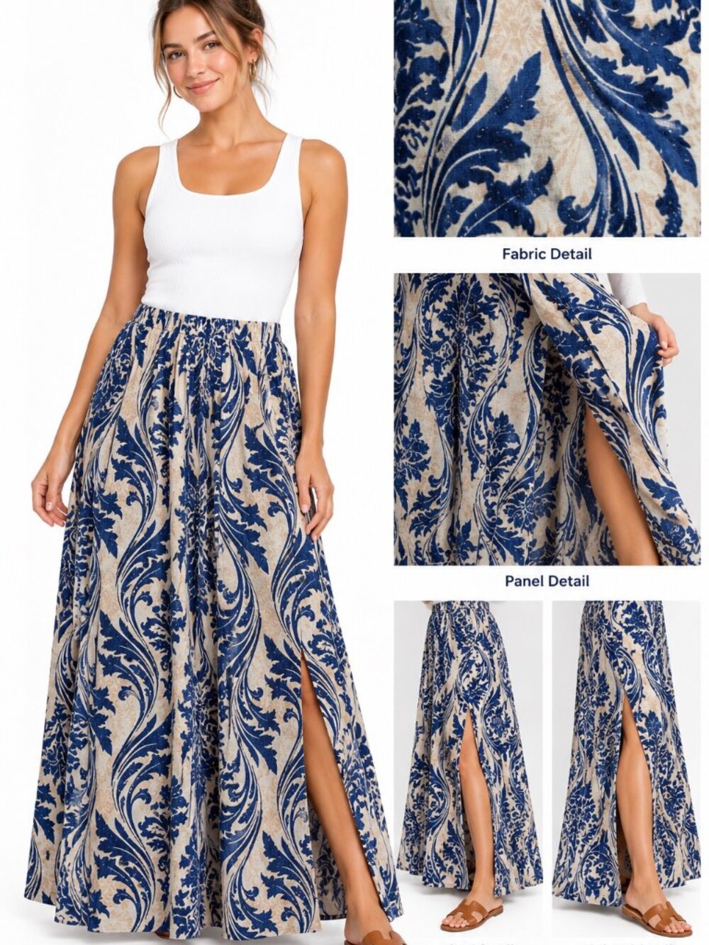 SHEIN Women’s Maxi Skirt Blue Cream Damask Baroque Floral Print Elastic Waist